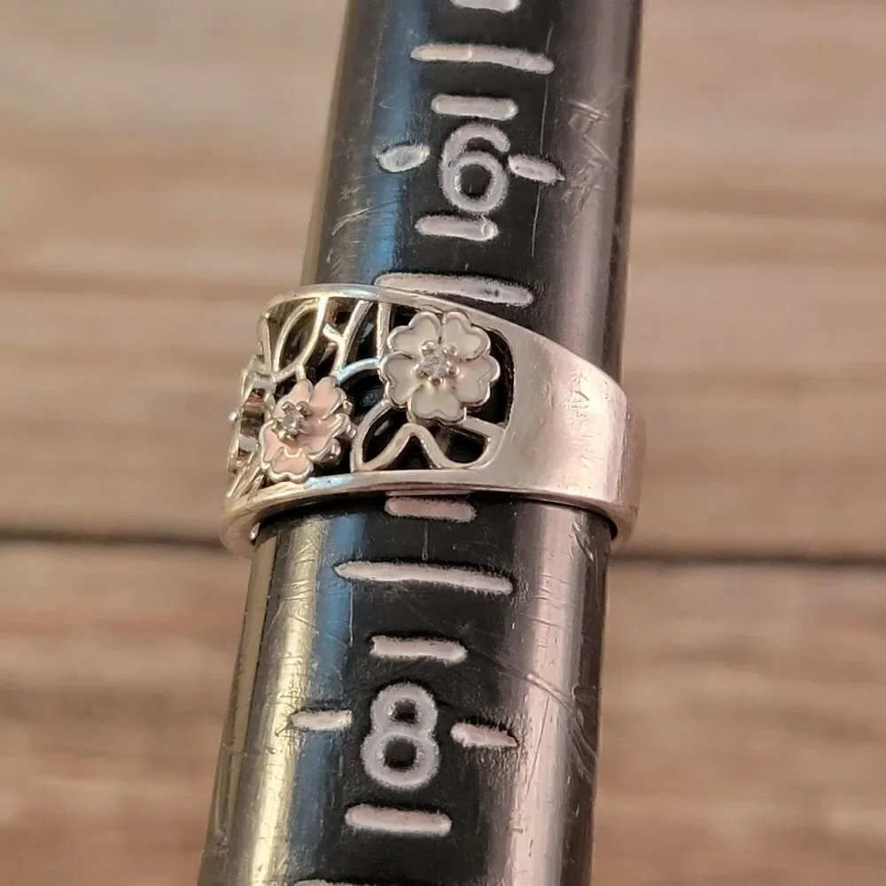 Sterling Openwork CZ Enamel Flowers Ring